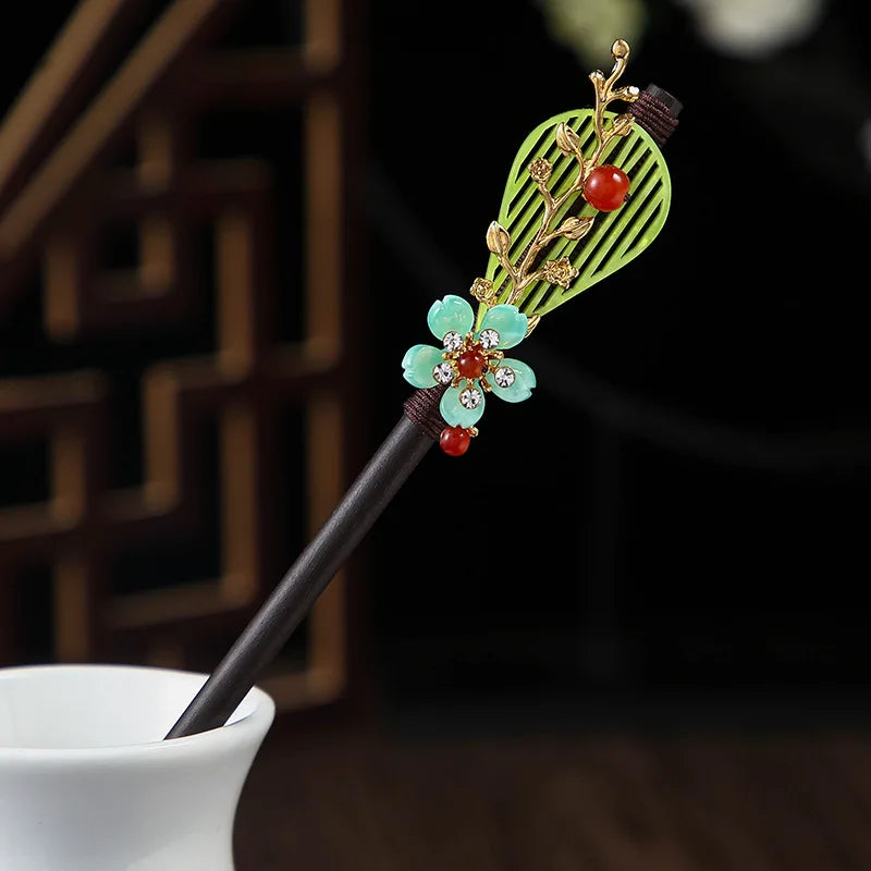 Chinese Wooden Hair Stick with Silk Flower & Tassel, image 20