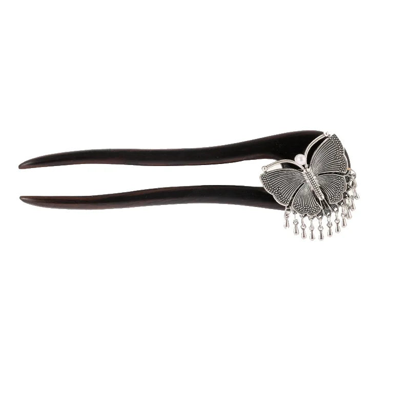 Tibetan Butterfly U-Shaped Wooden Feng Shui Hair Stick, alternate angle