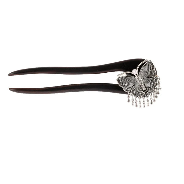 Tibetan Butterfly U-Shaped Wooden Feng Shui Hair Stick, alternate angle