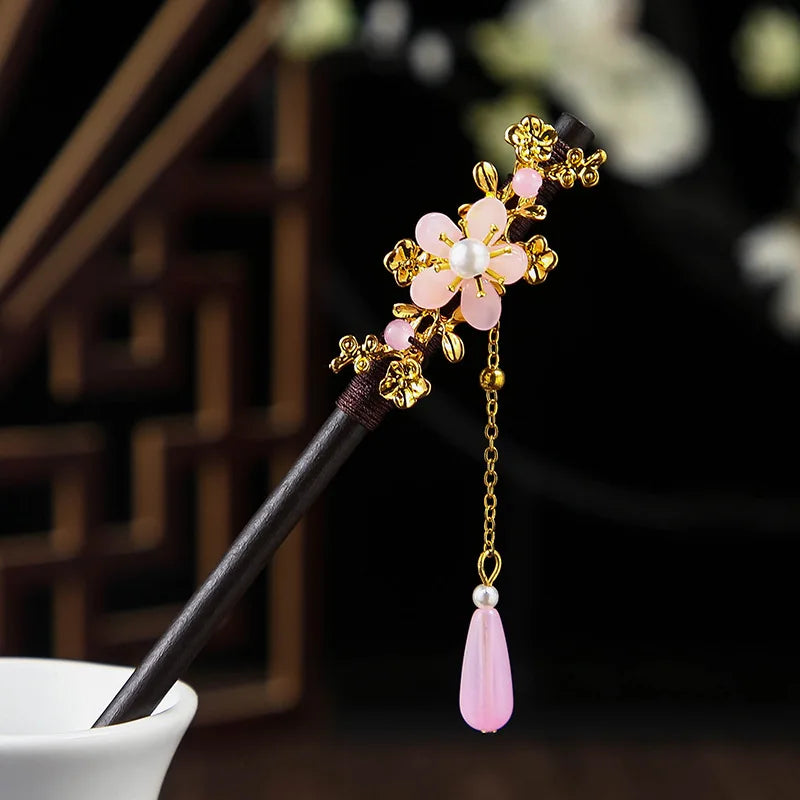 Chinese Wooden Hair Stick with Silk Flower & Tassel – option1174, image 4