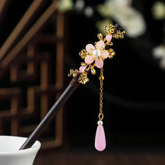 Chinese Wooden Hair Stick with Silk Flower & Tassel – option1174, image 4