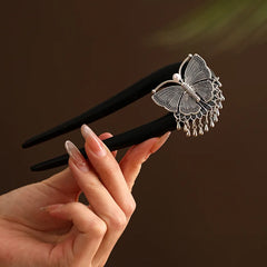 Tibetan Butterfly U-Shaped Wooden Feng Shui Hair Stick, close-up detail