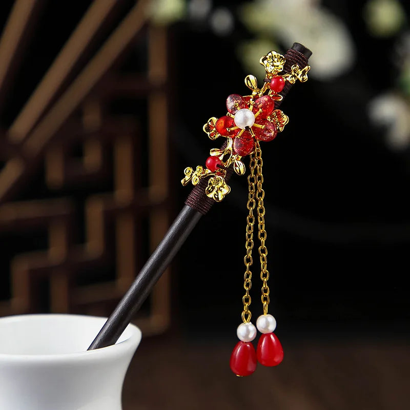 Chinese Wooden Hair Stick with Silk Flower & Tassel – option142, image 9