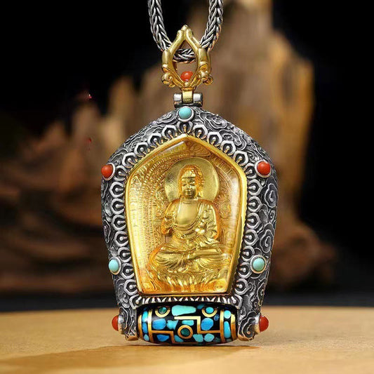 Tibetan Zodiac Buddha Dzi Bead Necklace – Gold Manjushri Bodhisattva pendant in ornate silver frame with turquoise coral stones and prayer wheel base on wood branch