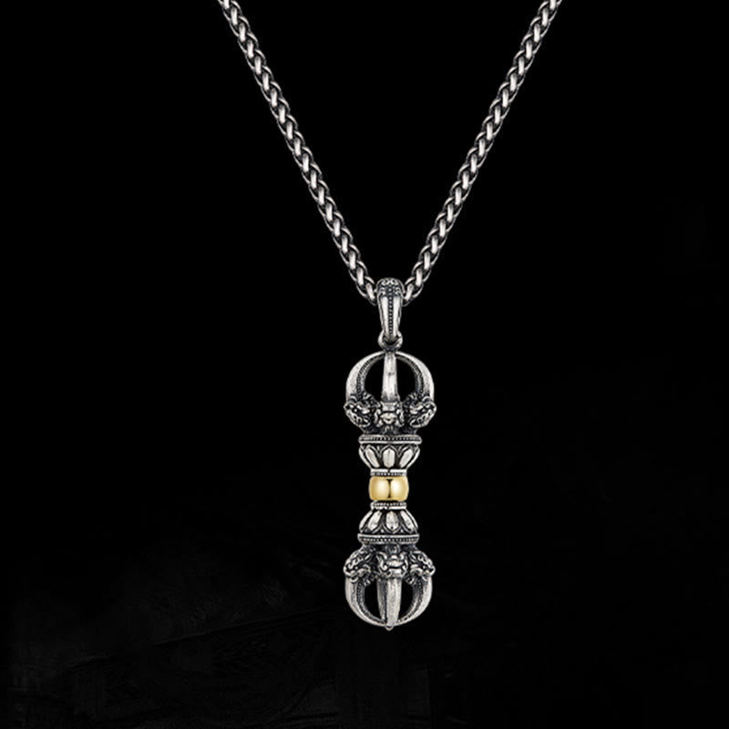 Tibetan Vajra Dorje Pendant Necklace – Silver vajra with gold band and zodiac wheel overlay on black background studio shot