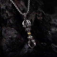 Tibetan Vajra Dorje Pendant Necklace – Oxidized silver with gold accents, dragon head details on wheat chain, volcanic background