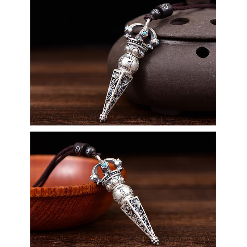 Tibetan Dorje Vajra Rotatable Pendant – Two-panel composite showing pendant against dark ceramic vessel and reddish-brown wooden bowl, warm wood grain surface