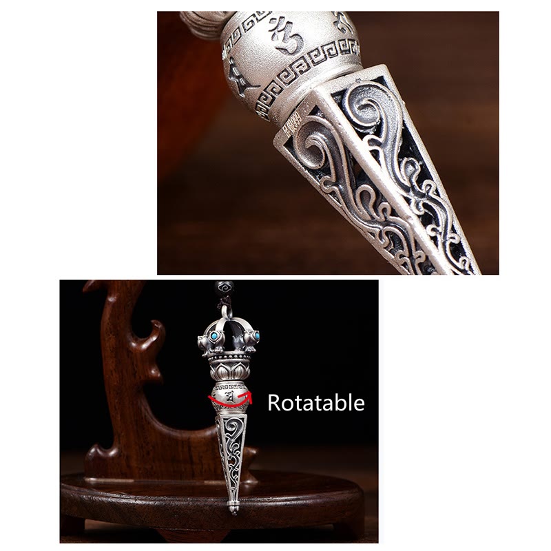 Tibetan Dorje Vajra Rotatable Pendant – Two-panel detail showing Sanskrit engravings with Greek key patterns and full pendant with rotatable section annotation