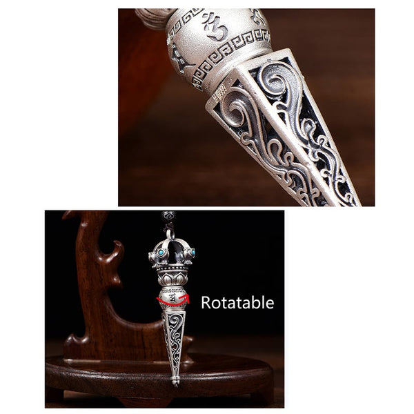 Tibetan Dorje Vajra Rotatable Pendant – Two-panel detail showing Sanskrit engravings with Greek key patterns and full pendant with rotatable section annotation