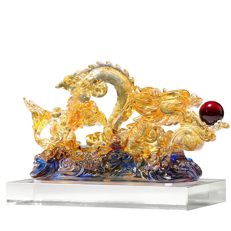 Handmade Dragon Liuli Crystal Art Piece - white background, full dragon sculpture with clear base, artistic