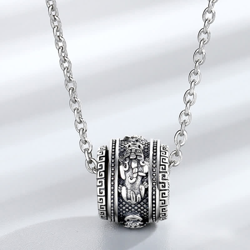 PiXiu Luck Wealth Rotatable Necklace Pendant – detailed silver barrel pendant on chain, wealth amulet jewelry
