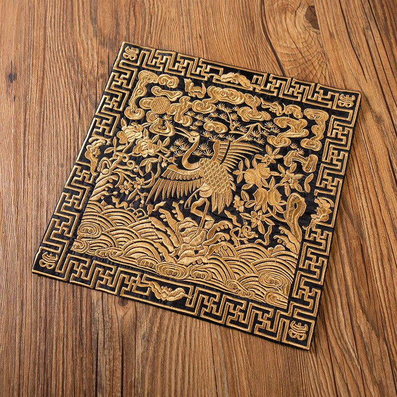 Phoenix Dragon Kirin Embroidery Tea Cup Mat - Black base gold crane pine bat, Fortune Blessing
