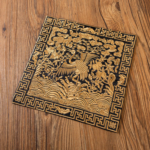 Phoenix Dragon Kirin Embroidery Tea Cup Mat - Black base gold crane pine bat, Fortune Blessing