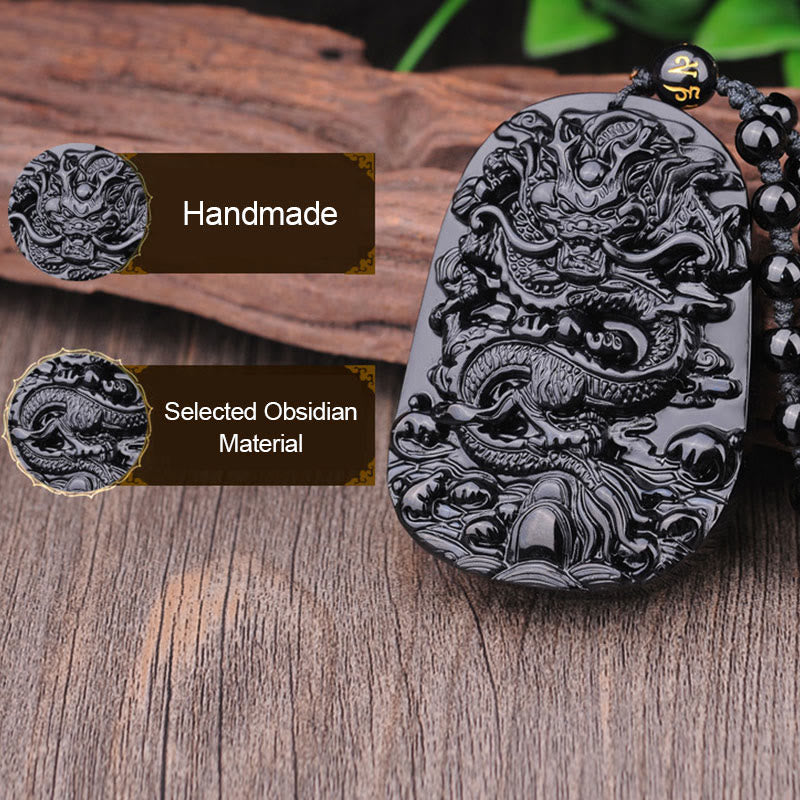 Black Obsidian Dragon Pendant – Dragon carving with Handmade and Selected Material callouts, talisman