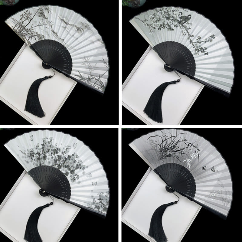 Vintage Silk Folding Fan - Ink wash design collection grid, bamboo and floral motifs, vintage fan