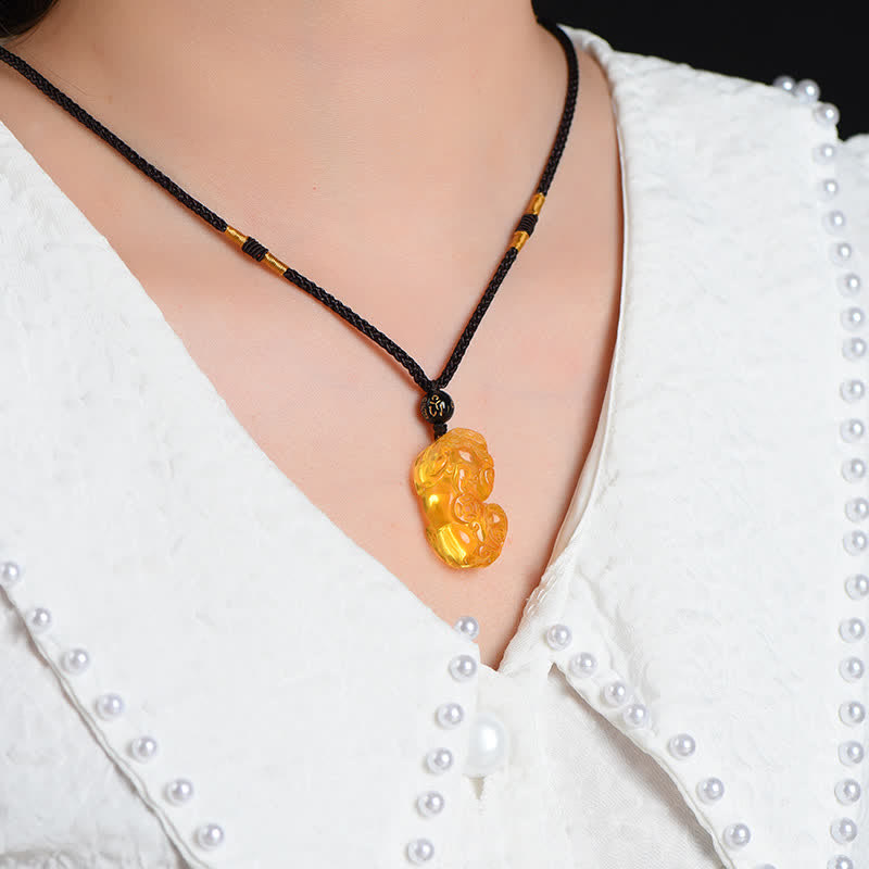 Citrine PiXiu Necklace Pendant – Pendant worn on model with white blouse, everyday wealth necklace