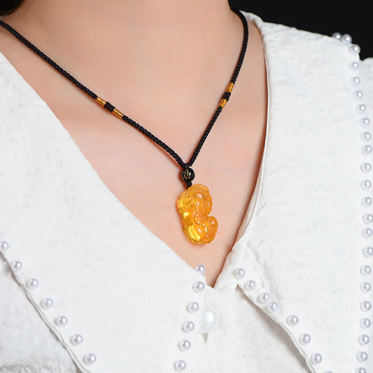 Citrine PiXiu Necklace Pendant – Pendant worn on model with white blouse, everyday wealth necklace