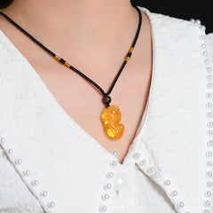 Citrine PiXiu Necklace Pendant – Pendant worn on model with white blouse, everyday wealth necklace