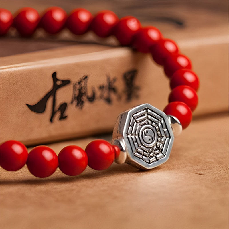 925 Sterling Silver Yin Yang Bagua Cinnabar Bracelet – Red beaded bracelet with Bagua charm, feng shui calligraphy styling