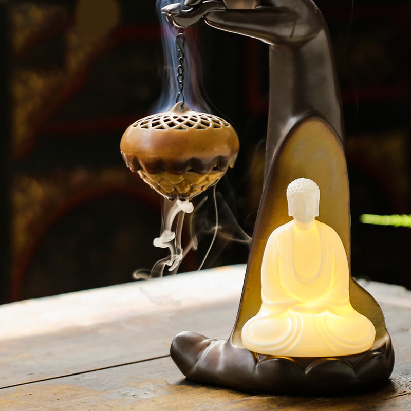 LED Buddha Hand Backflow Burner - lotus censer with backflow smoke and LED Buddha light