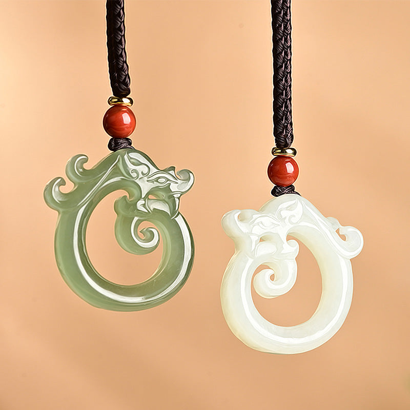 White Jade Cyan Jade Dragon Pendant – green and white jade dragon duo on black cords, harmony