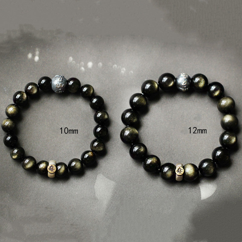 Zodiac Natal Buddha Obsidian Silver Bracelet - 10mm and 12mm bead size comparison, two bracelets