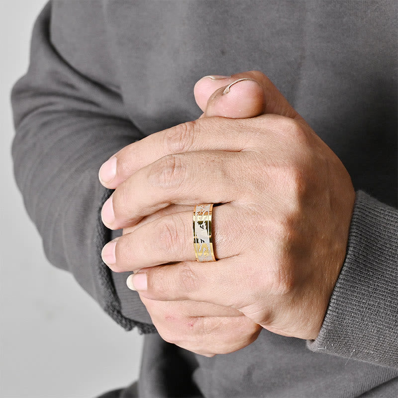 Dragon Titanium Steel Ring – Gold band worn on hand showing inlay detail, Wearable