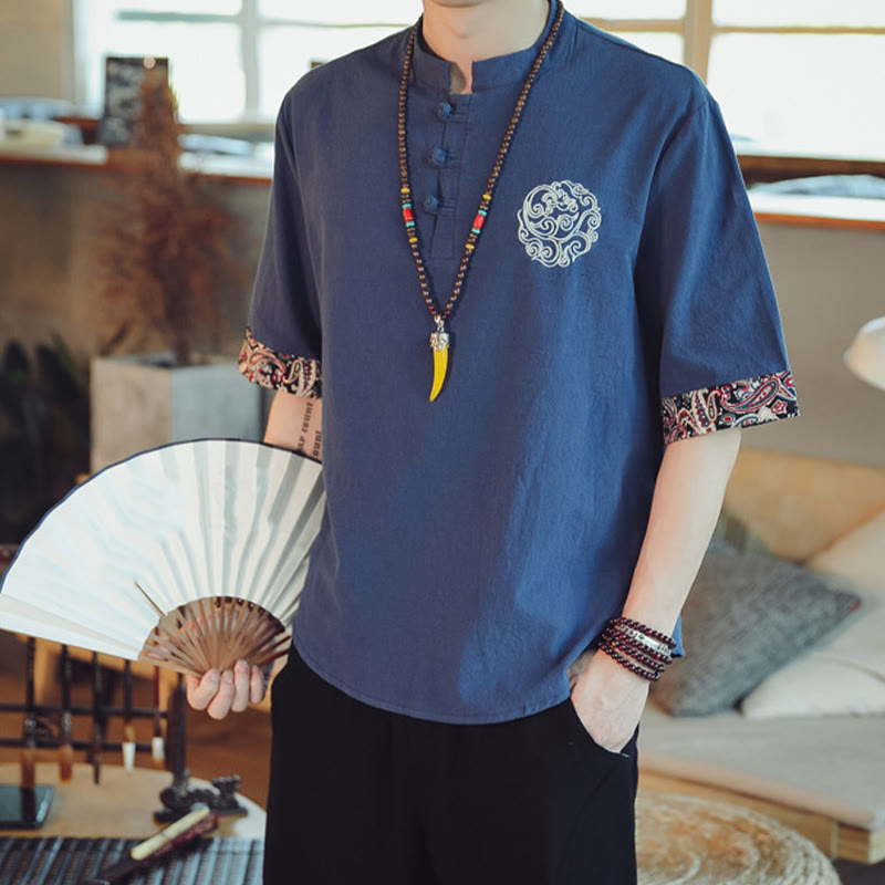Dragon Embroidery Frog-Button Linen Tang Suit Shirt - Navy with fan and beaded accessories, artistic