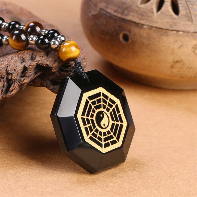 Black Obsidian Tiger Eye Bagua Yin Yang Pendant - Obsidian bagua pendant with gold trigrams on tiger eye bead strand, zen nec
