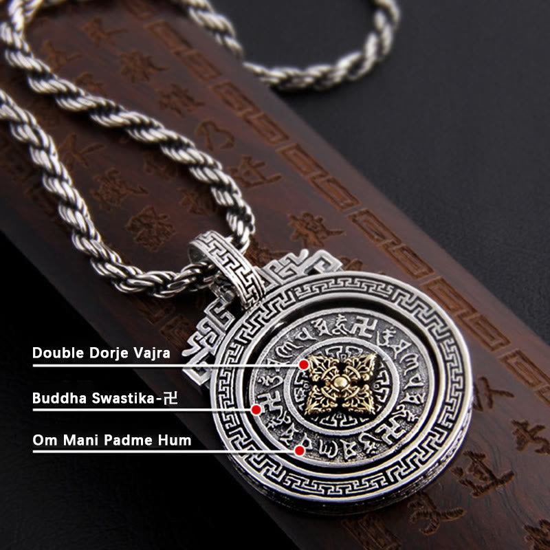 Double Dorje Vajra Rotatable Necklace – gold Double Dorje center with swastika border, Tibetan spiritual amulet