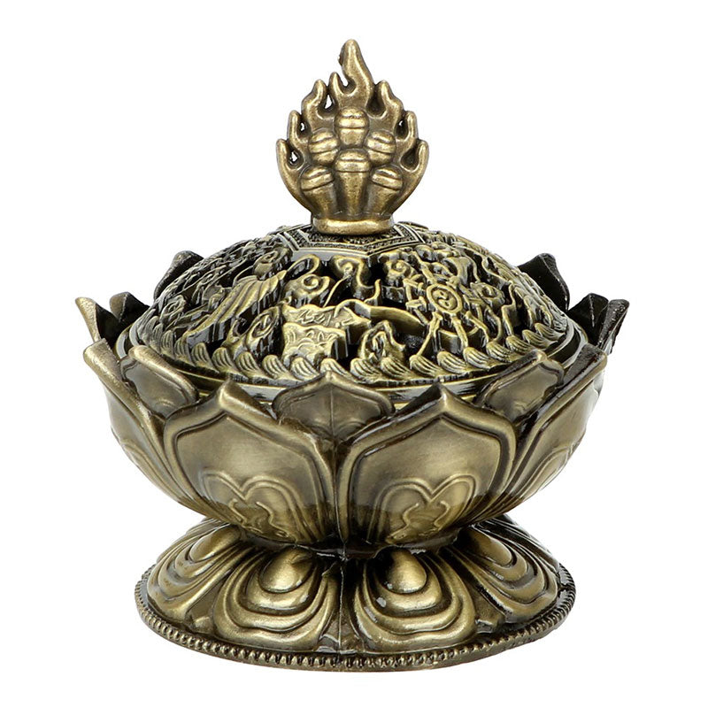 Lotus Shaped Incense Burner - Bronze censer lid open beside bowl on white background, Ritual readiness