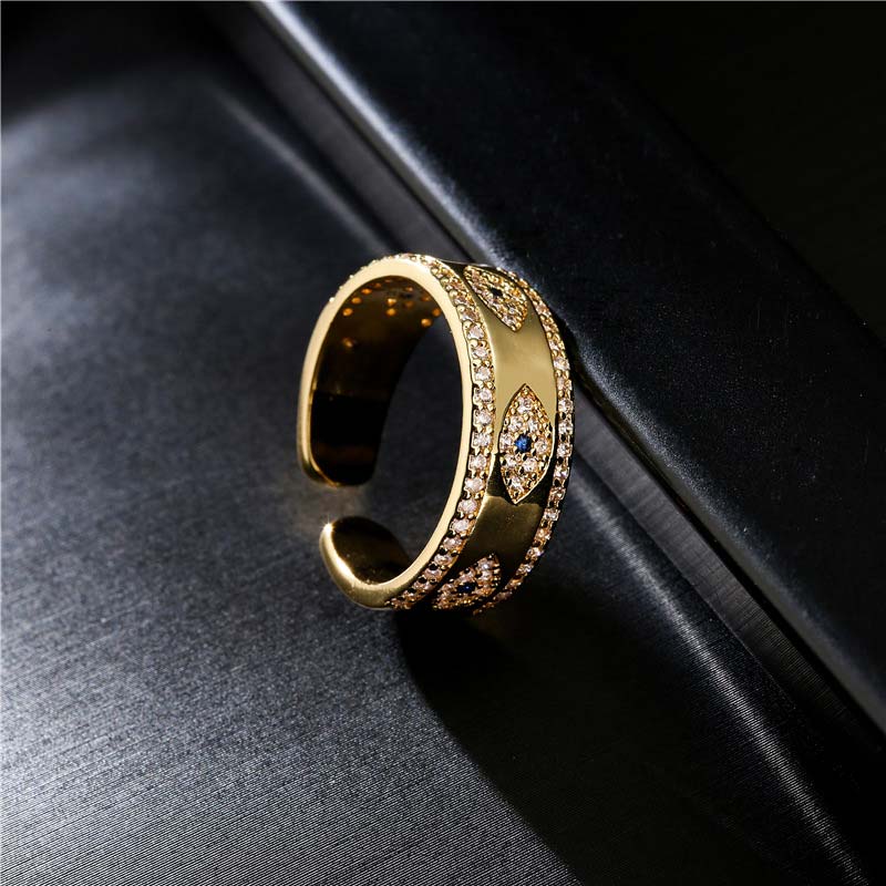 Copper Alloy Evil Eye Ring Three Eye Motif Pavé Crystals Gold Open Cuff Statement Ring