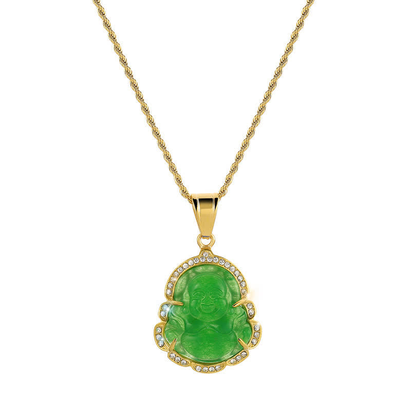 18K Gold Filled Laughing Buddha Jade Necklace – Worn on neck showing pendant placement, flattering length
