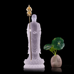 Ksitigarbha Liuli Crystal Figurine – Peaceful seated posture on lotus base, meditation altar