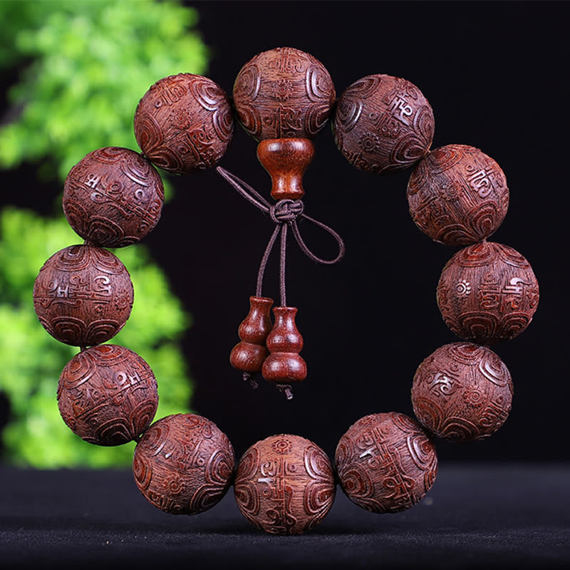 Chinese Zodiac Rosewood Ebony PiXiu Set – dark red cloud pattern carved bracelet, auspicious symbol wood bead mala