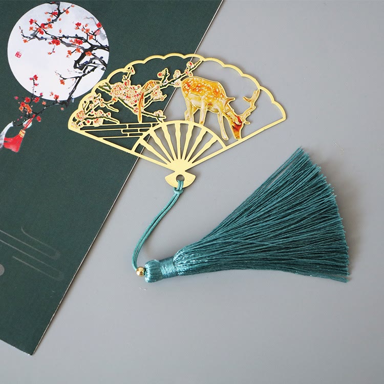 Brass Hollow Fan Bookmark - Deer and plum blossom cutout with teal silk tassel, peaceful