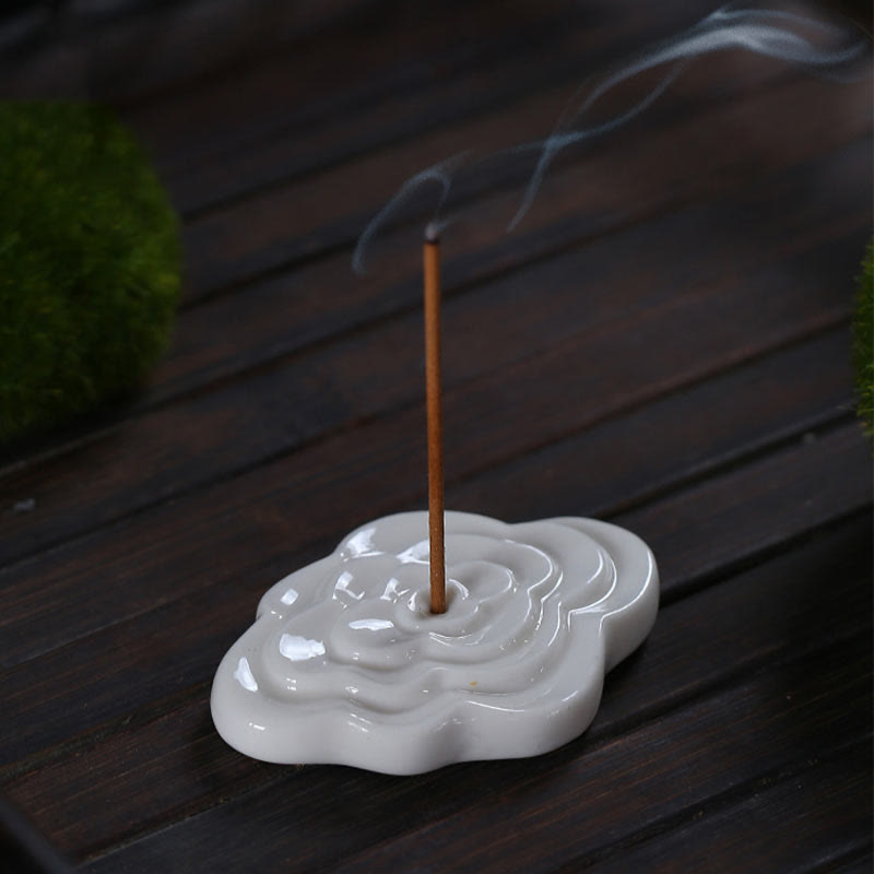 Mini Auspicious Clouds Ceramic Incense Burner – white ruyi cloud holder with smoke and moss accents on dark wood, zen ceramic incense burner