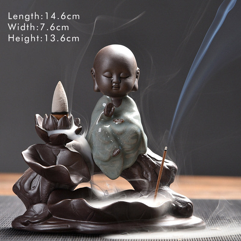 Little Monk Ceramic Incense Burner - Young monk with hand gesture, backflow smoke cascading, ceramic lotus holder