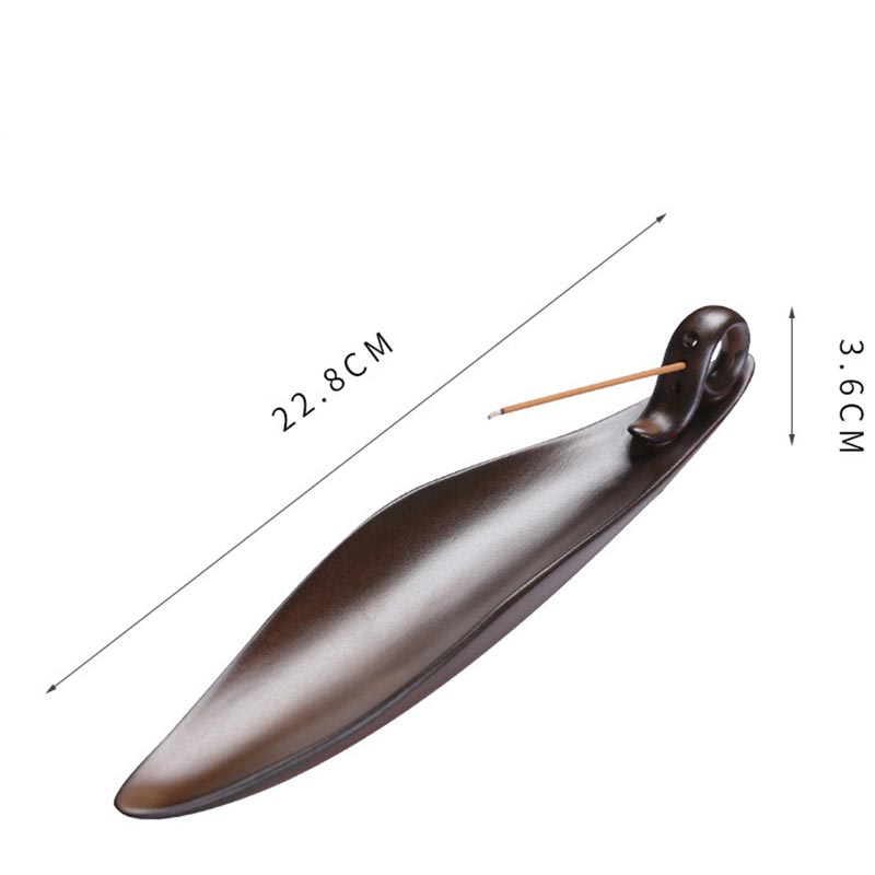 Ceramic Incense Burner – Dark brown leaf holder with incense stick, 22.8cm, Zen Decor