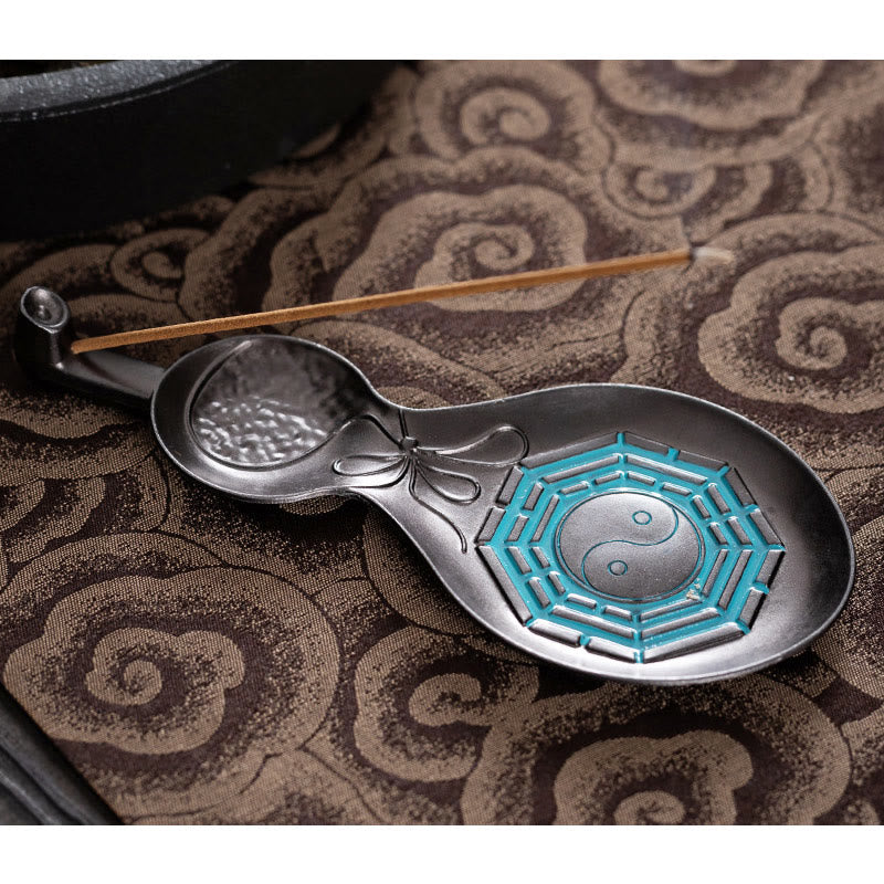 Gourd Yin Yang Bagua Incense Burner – Pewter gourd with turquoise Bagua and incense on brown brocade, copper burner