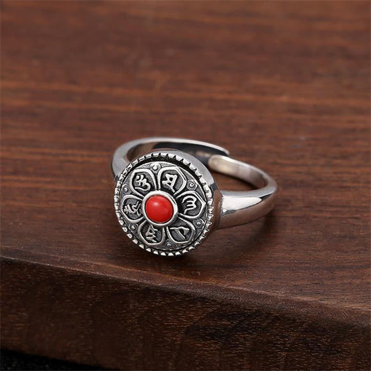 Tibetan Om Mani Padme Hum Ring – Red stone variant on brown wood, Tibetan ring