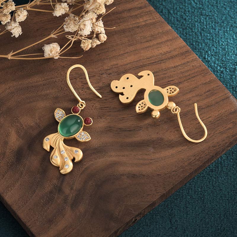 Koi Fortune Drop Earrings - hook attachment view with 40mm jade pendant length, silver
