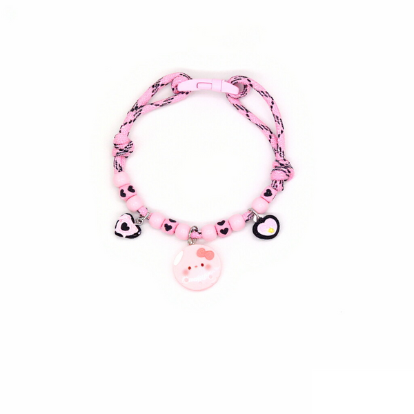 Lightweight Pet Collar – Pink-black rope with cow heart, cat face & heart charms, kawaii necklace