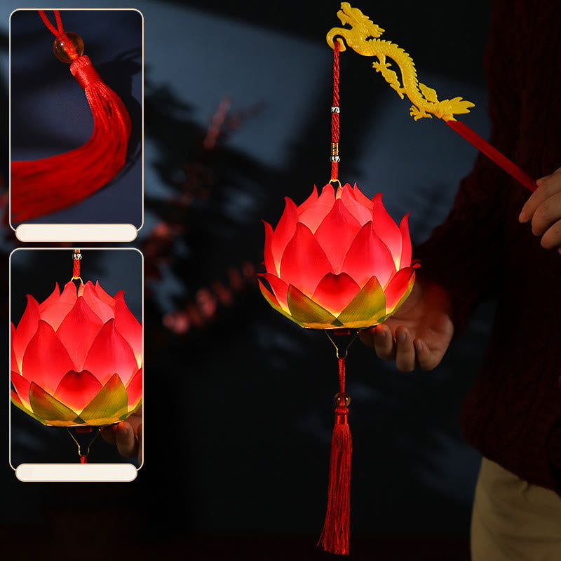 DIY Lotus Dragon Lantern Tassel Lamp – Two pink lotus lanterns with dragon handles in hanfu at night, Festive pair