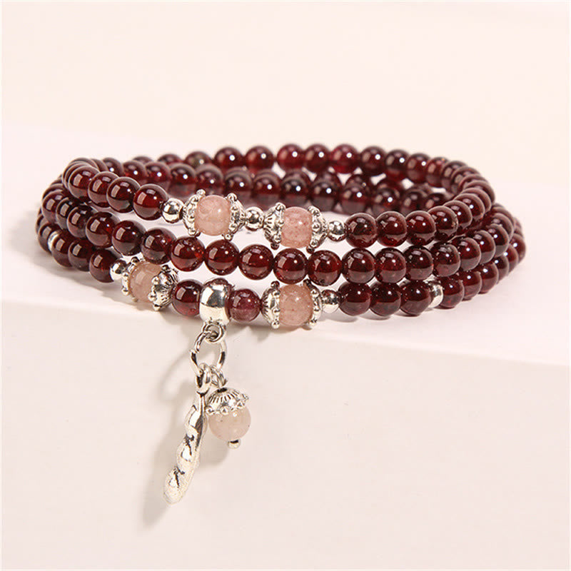 Garnet Strawberry Quartz Green Beans PiXiu Wrap Bracelet – triple garnet beads with pink quartz and silver charm