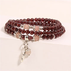 Garnet Strawberry Quartz Green Beans PiXiu Wrap Bracelet – triple garnet beads with pink quartz and silver charm