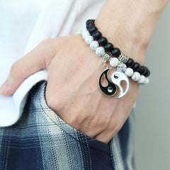 2pcs Natural Black Onyx White Turquoise Bead Yin Yang Couple Bracelet