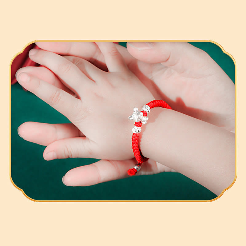 999 Sterling Silver Zodiac Red Rope Kids Bracelet - Silver rabbit charm on red woven cord worn on baby wrist, lucky amulet