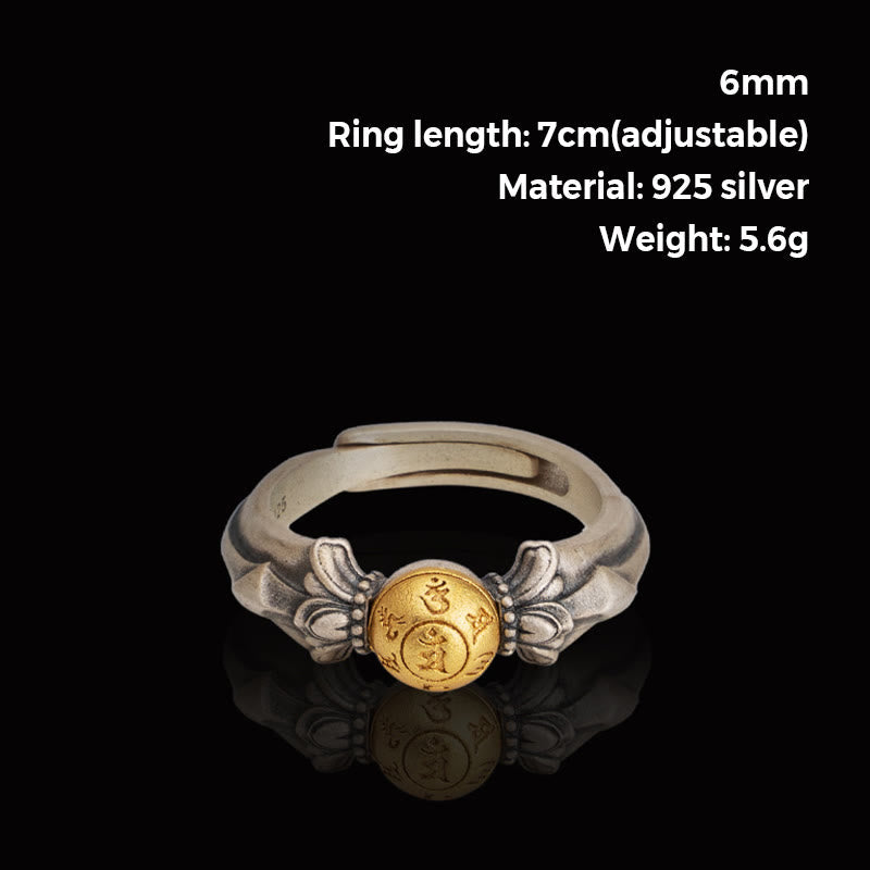 Manjusri Mantra Ring – Top-down view with mirror reflection on black, 925 silver gold bead ring