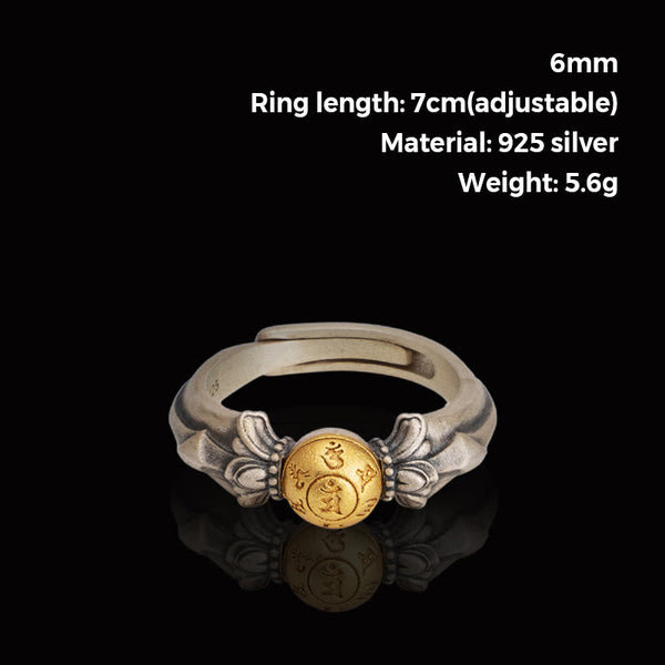 Manjusri Mantra Ring – Top-down view with mirror reflection on black, 925 silver gold bead ring
